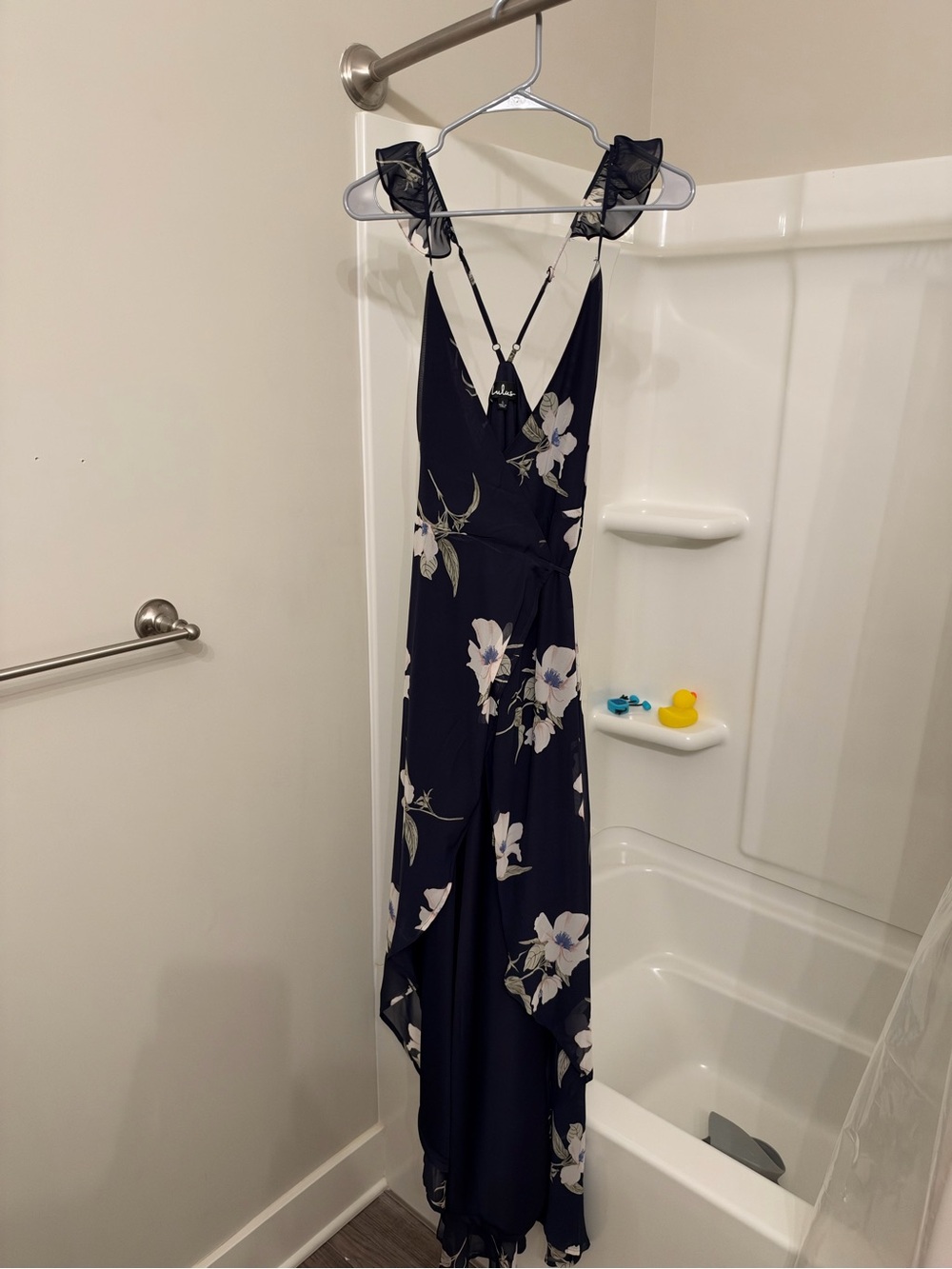 Lulu's Navy Floral High-Low Wrap Dress with Ruffle Straps